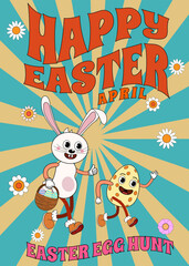 Groovy Happy Easter Poster Vintage. Funny bunny with egg, Easter egg hunt