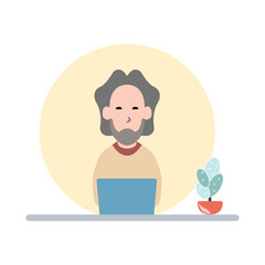 Man at desktop working with laptop Corporate worker Freelancer or office worker. Vector illustration in simple concept flat style