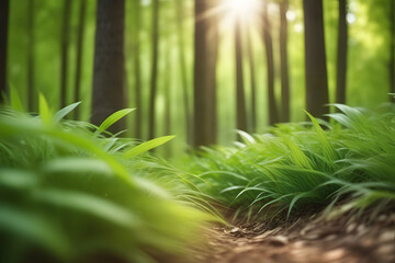 Close-up of green grass and plants in a lush forest with a blurred background.