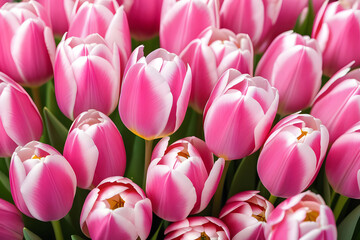 Fototapeta premium Closeup of pink tulips in full bloom against blurred background
