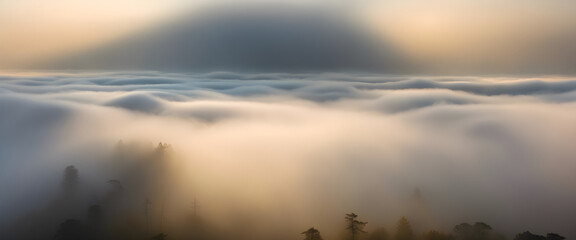 Obraz na płótnie Canvas Morning Fog Elegance: Captivating Image of Sunshine Piercing Through Foggy Ambiance.