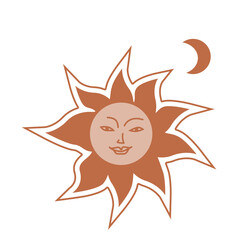 Hand drawn western sun and moon boho elements. Vector illustration in brown colors. Cute mystic sun with face icon. Can used for decoration, card, poster. 