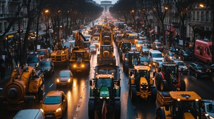 many farm tractors formed a blockade on the main road in the city, road strike, crowded evening roads - obrazy, fototapety, plakaty