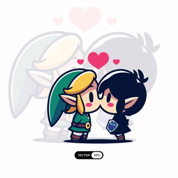 [ MEIJICRAFT ] Cute Zelda With Blade and Shield Mascot Kissing Valentine Icon Illustration