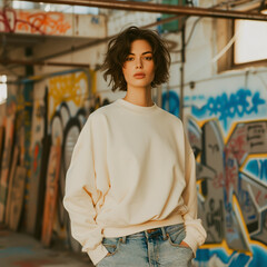 Beige Sweatshirt Mockup, Woman, Girl, Female, Model, Wearing a Beige Oversized Sweatshirt and Blue Jeans, Fitted Blank Shirt Template, Standing in a Room with Plants, Close-up View