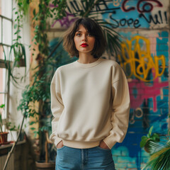 Beige Sweatshirt Mockup, Woman, Girl, Female, Model, Wearing a Beige Oversized Sweatshirt and Blue Jeans, Fitted Blank Shirt Template, Standing in a Room with Plants, Close-up View