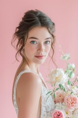 The bride, adorned in a white dress with pink floral accents, gazes directly at the camera against a pink backdrop