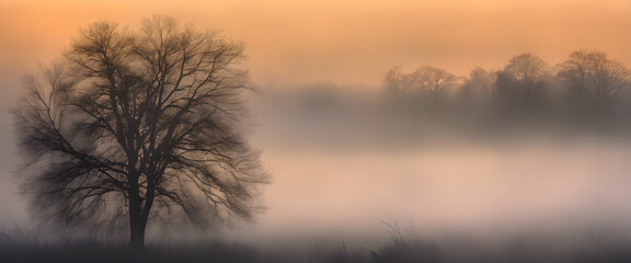 Morning Fog Elegance: Captivating Image of Sunshine Piercing Through Foggy Ambiance.