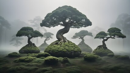 A misty forest with trees shaped like giant bonsai
