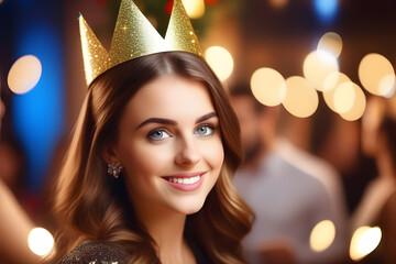 Young woman with golden crown, smiling at camera, surrounded by friends and party lights