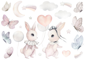 Watercolor illustration of cute bunny, rabbit, hare with butterfly, balloon. Brown set of cutie animal portrait in pastel colors with skirt, collar, bow. Stickers, wall art, kids room decor, easter