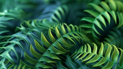 Emerald-green fern leaves in close-up, a refreshing 3D swirl capturing the essence of nature's soft dance.