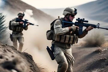 Army soldiers in full gear advancing through a barren desert landscape during a military operation.
