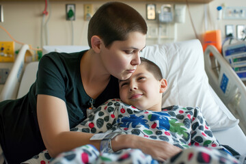 Child cancer patient and his mother in a hospital