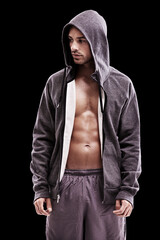 Fitness, body or fashion for thinking man in studio with hoodie for sporty, style or clothes choice on black background. Jacket, chest or guy model with cool, gym or health outfit or confidence