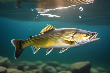 Fototapeta premium Golden Fish Swimming Gracefully in the Sparkling Clear Blue Waters