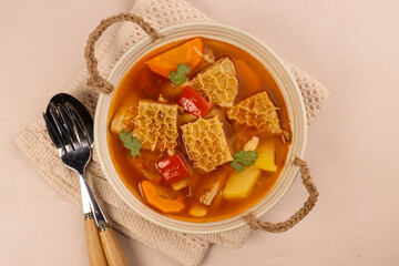 Dominican Style Mondongo is a Warm Comforting Stew Made with Beef Tripe, Carrots and Potatoes in Tomato Sauce.