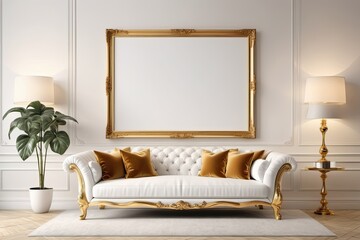 Wall Art Mockup. Living room wall poster mockup. Interior mockup with luxury gold sofa background. Modern interior design. 3D render