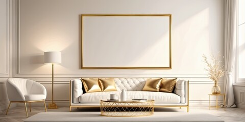 Wall Art Mockup. Living room wall poster mockup. Interior mockup with luxury gold sofa background. Modern interior design. 3D render