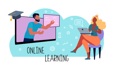 Professor teaching student online. Online learning. Homeschooling. Inspired teacher at remote work. Vector illustration