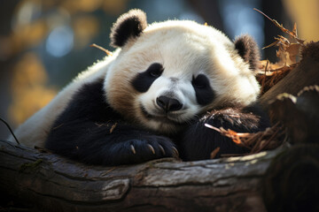lazy relaxing panda bear sleeping on a log