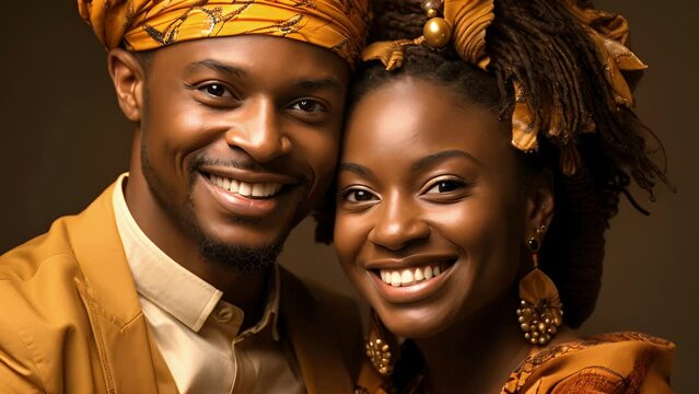 A cheerful African American couple pose for the camera in their matching outfits. His traditional patterned clothing brings out the