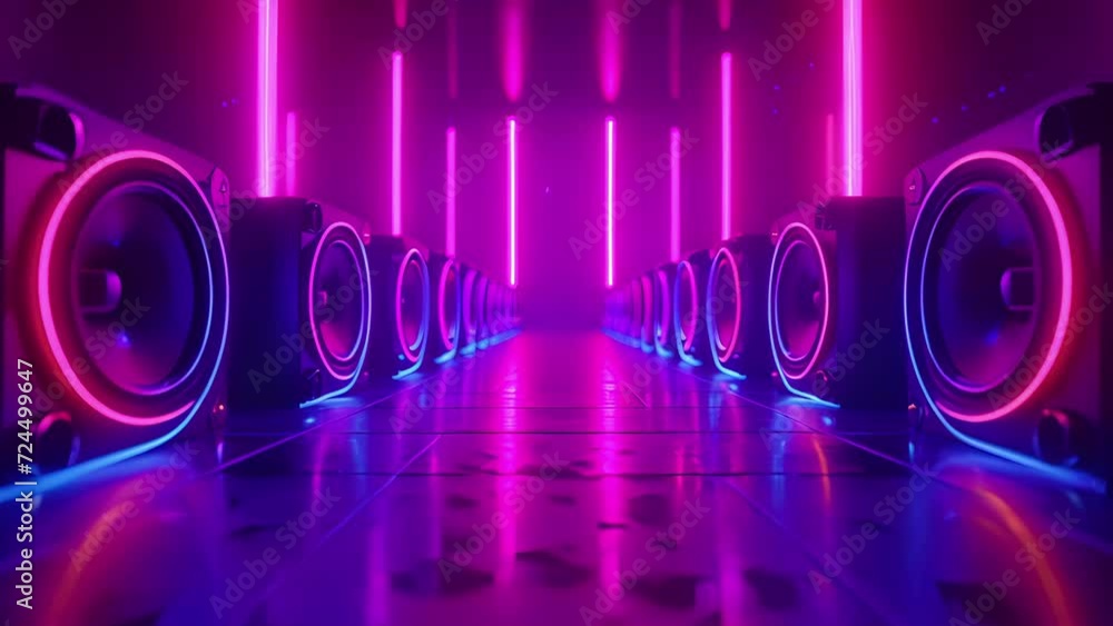 Poster a mesmerizing shot of a row of speakers lined up on a stage each one glowing with a colorful neon li
