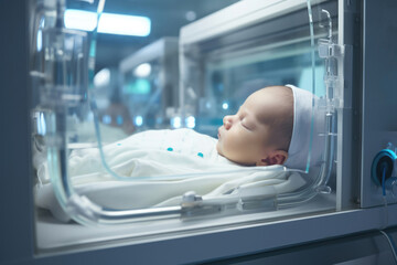 Premature newborn baby in hospital incubator, cesarean birth - obrazy, fototapety, plakaty