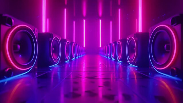 A mesmerizing shot of a row of speakers lined up on a stage each one glowing with a colorful neon light and pulsing to the infectious rhythm of the music.