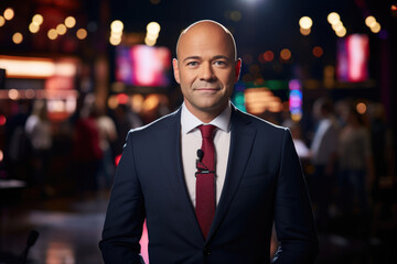 Fototapeta premium Male news presenter in broadcasting tv studio