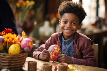 Poster Little African American boy paint Easter eggs at home. ai generated © dark_blade