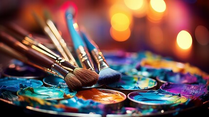 Close up of vibrant artist s palette and dynamic paintbrushes in bright studio lighting. - obrazy, fototapety, plakaty