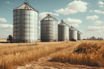 Fototapeta na wymiar Elevators, granary in a field against a blue sky