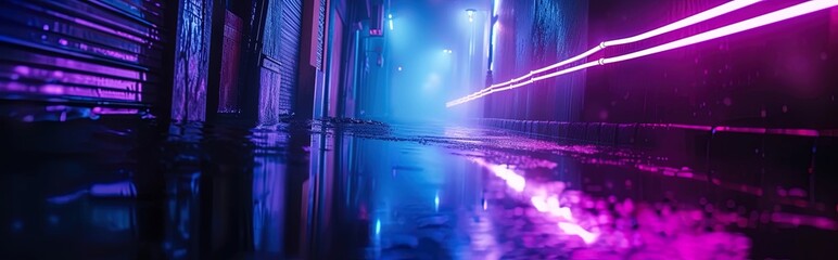 Cyberpunk Neon-lit alleyway on a wet night, reflecting vibrant purple and blue hues. A bright light at the end adds depth to this urban landscape.