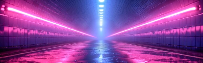 Night scene of a vibrant, futuristic tunnel illuminated by pink and blue neon lights. The wet road reflects the lights, creating a stunning, cyberpunk atmosphere.