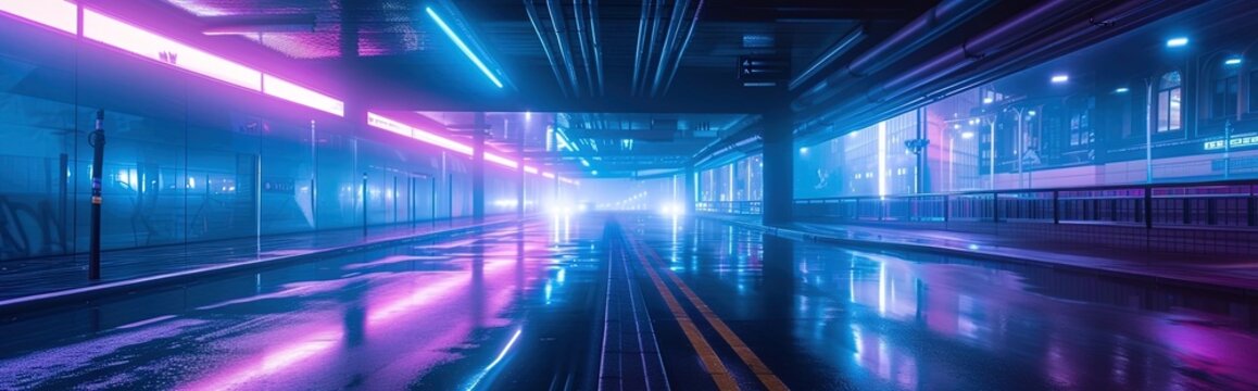 A wet street under a bridge at night, illuminated by vibrant pink and blue neon lights. The slick road surface reflects the lights, enhancing the futuristic urban atmosphere.
