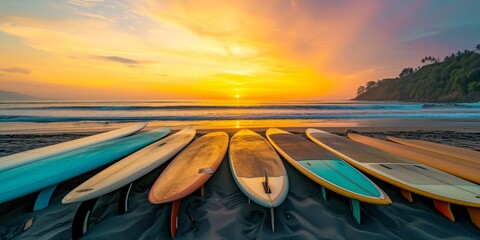 Surfboards at sunset. - obrazy, fototapety, plakaty
