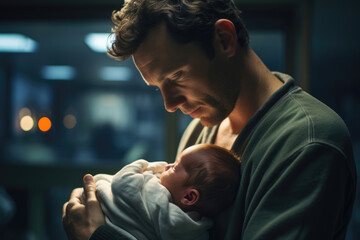 Dad holding newborn baby in maternity hospital after childbirth - obrazy, fototapety, plakaty