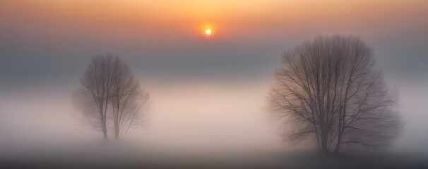 Elegant  Foggy Morning: Enchanting Scene as Sunlight Breaks Through Misty Atmosphere.