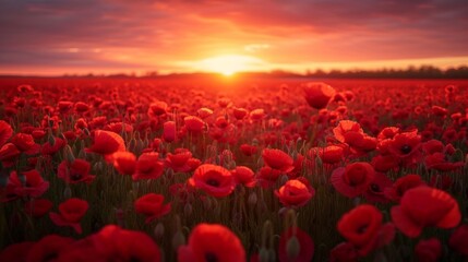 Fototapeta na wymiar Beautiful field of poppy flowers at dawn