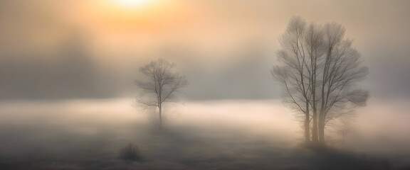 Fototapeta na wymiar Elegant Foggy Morning: Enchanting Scene as Sunlight Breaks Through Misty Atmosphere.