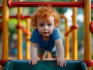 Fototapeta na wymiar Child climbing on playground equipment.