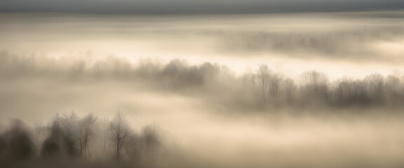Elegant  Foggy Morning: Enchanting Scene as Sunlight Breaks Through Misty Atmosphere.