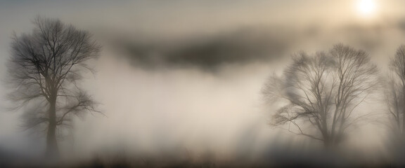 Obraz premium Elegant Foggy Morning: Enchanting Scene as Sunlight Breaks Through Misty Atmosphere.