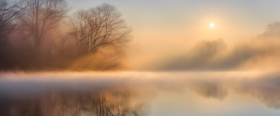 Elegant  Foggy Morning: Enchanting Scene as Sunlight Breaks Through Misty Atmosphere.