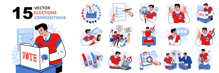 Activists vote at polling stations, hold debates and rallies. State elections. Selecting a candidate for political office. Vector illustration on a social theme.