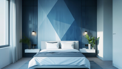 Simplicity in Design: A Minimalist Bedroom with a Blue Geometric Feature Wall