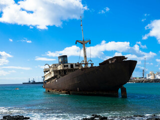 Lost place. Shipwreck called Temple Hall or Telamon in a bay near Arrecifes industrial port on the...