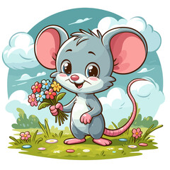Cartoon character mouse with flowers, flat colors