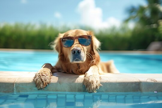 cute golden retriever dog in sunglasses relaxing, resting,or sleeping in swimming pool, for retirement or retired or holiday concept